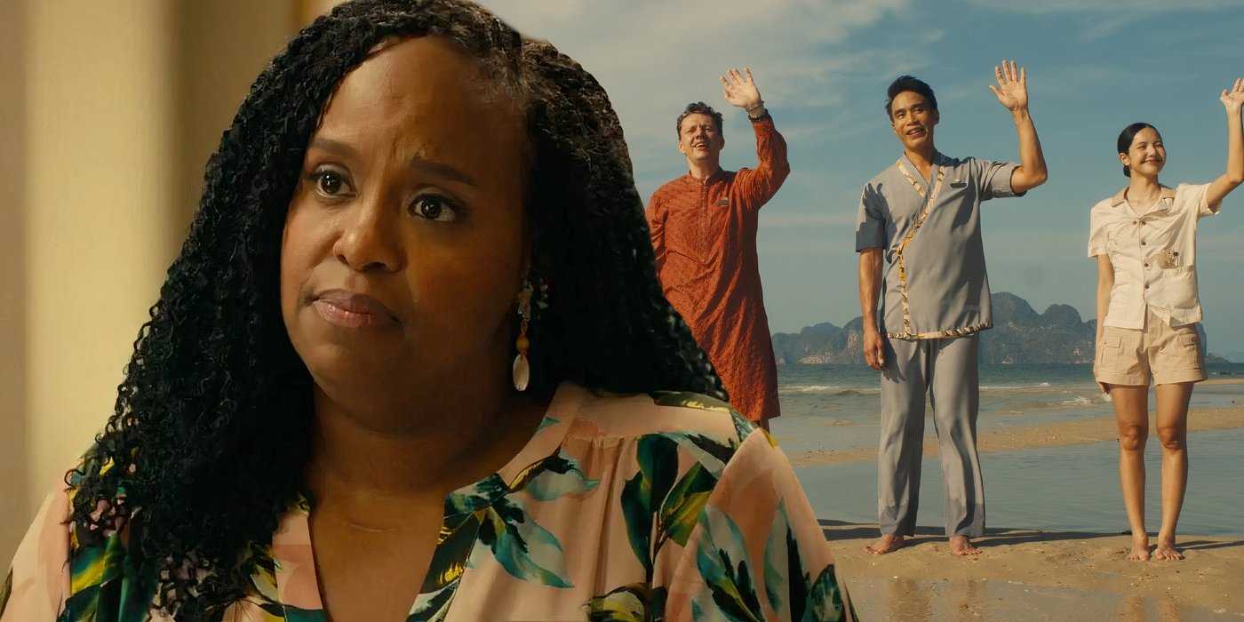 Композитное изображение Наташи Ротвелл, грустной, перед людьми, машущими на пляже в The White Lotus