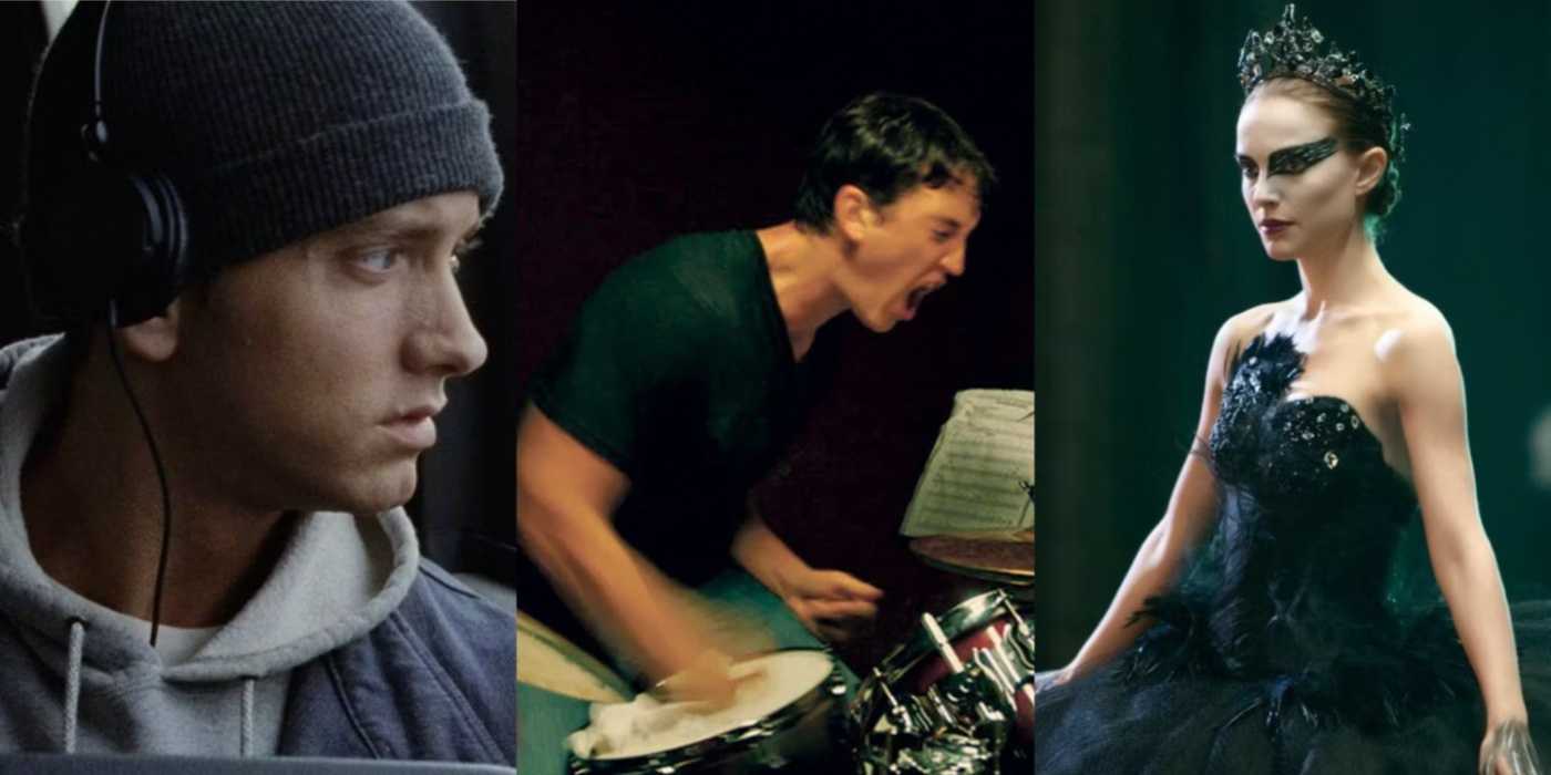 Рядом изображения с персонажами из фильмов 8 Mile, Whiplash и Black Swan