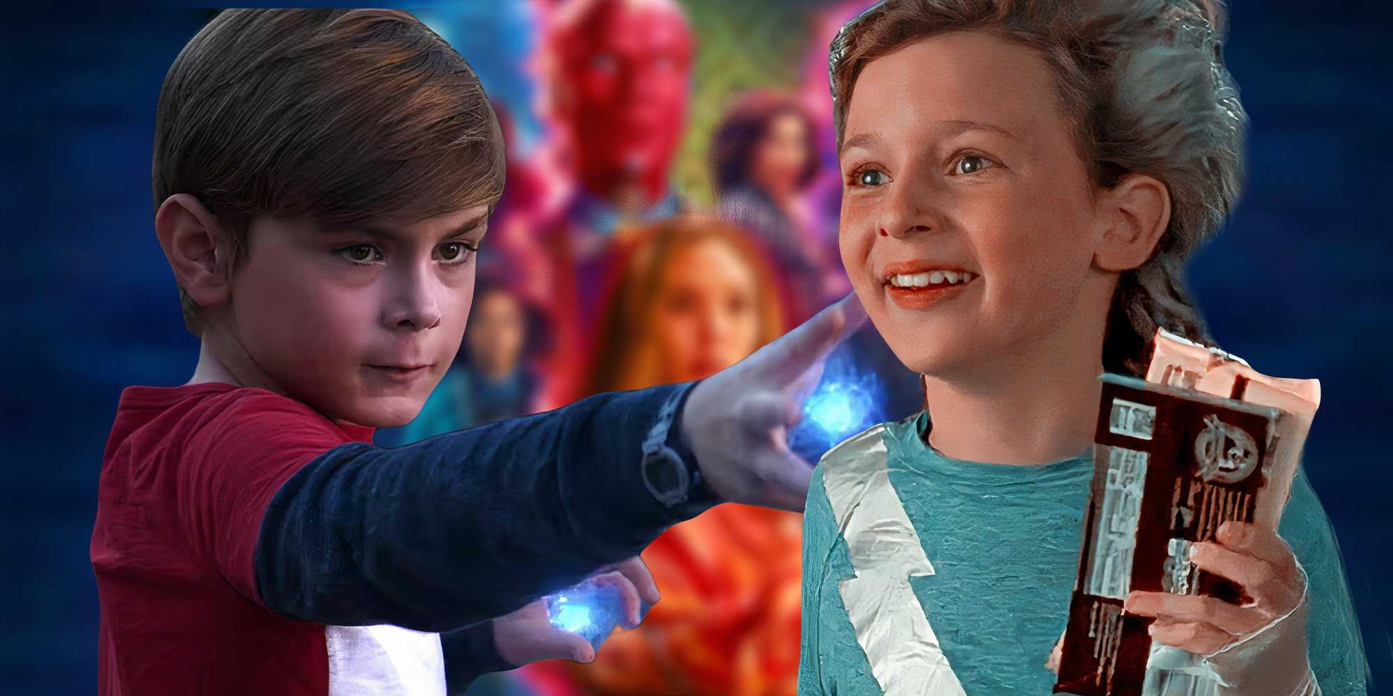 Вик и Спид, как показано в "ВандаВижн" (2021) над размытым постером к шоу