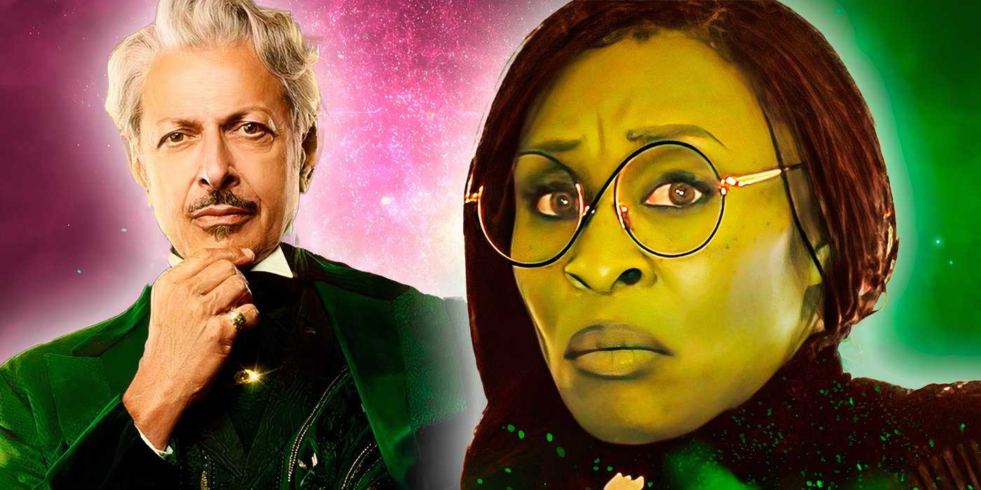 Отредактированное изображение Синтии Эриво в роли Эльфабы и Джеффа Голдблюма в фильме "Wicked".