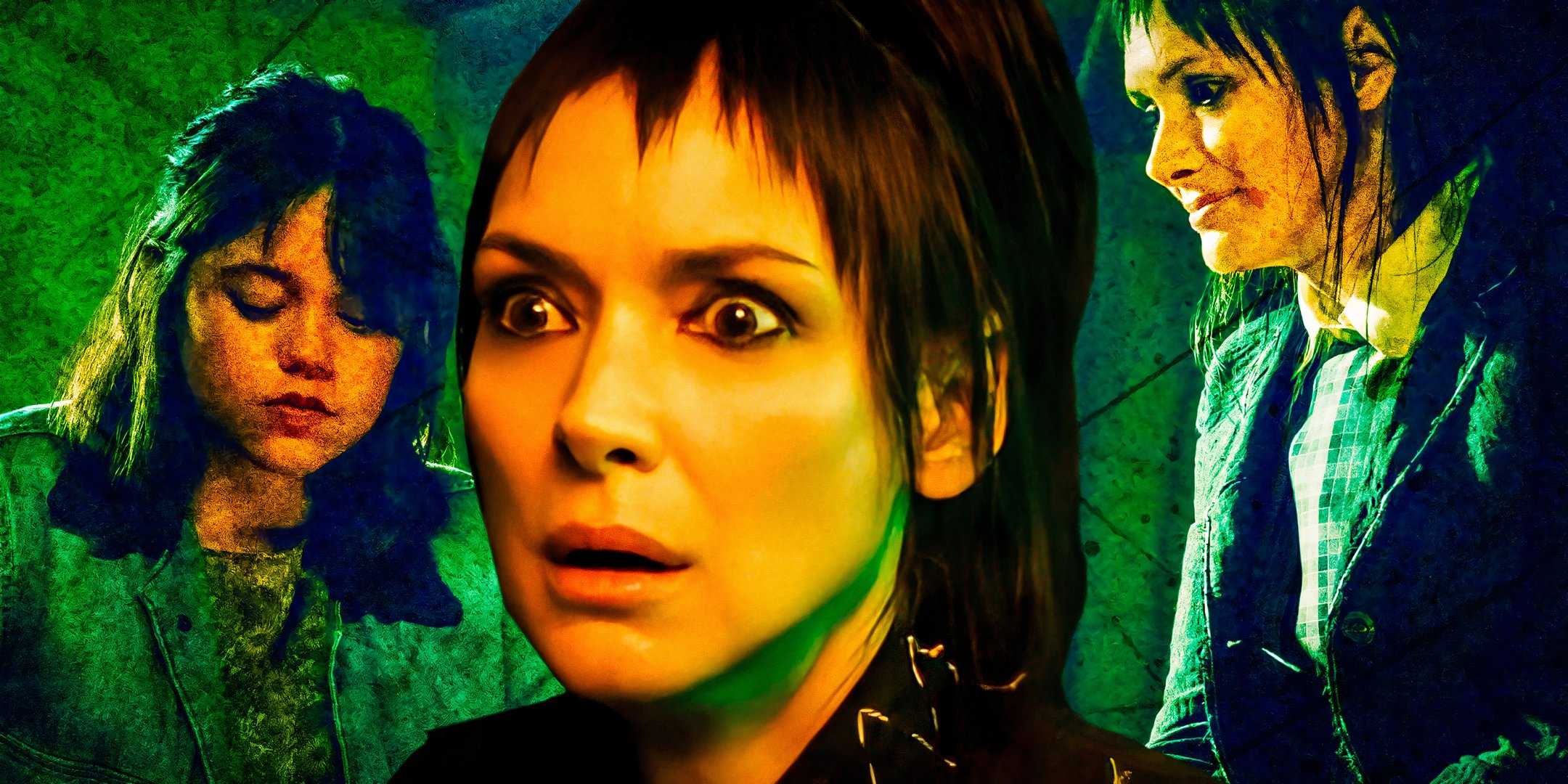 Винона Райдер в роли Лидии, шокированной Эстрид (Дженна Орте) и Лидией в фильме Beetlejuice Beetlejuice