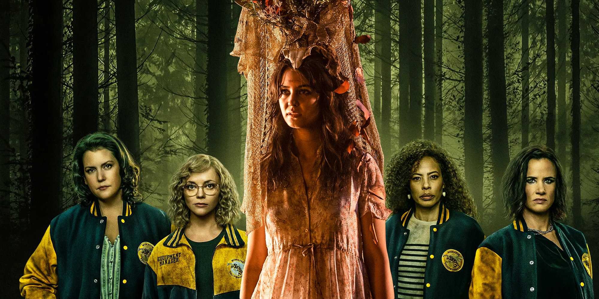 Смешанное изображение, на котором изображена подросток Лоти с рогами над головой, окруженная взрослыми выжившими в "Желтожаке"