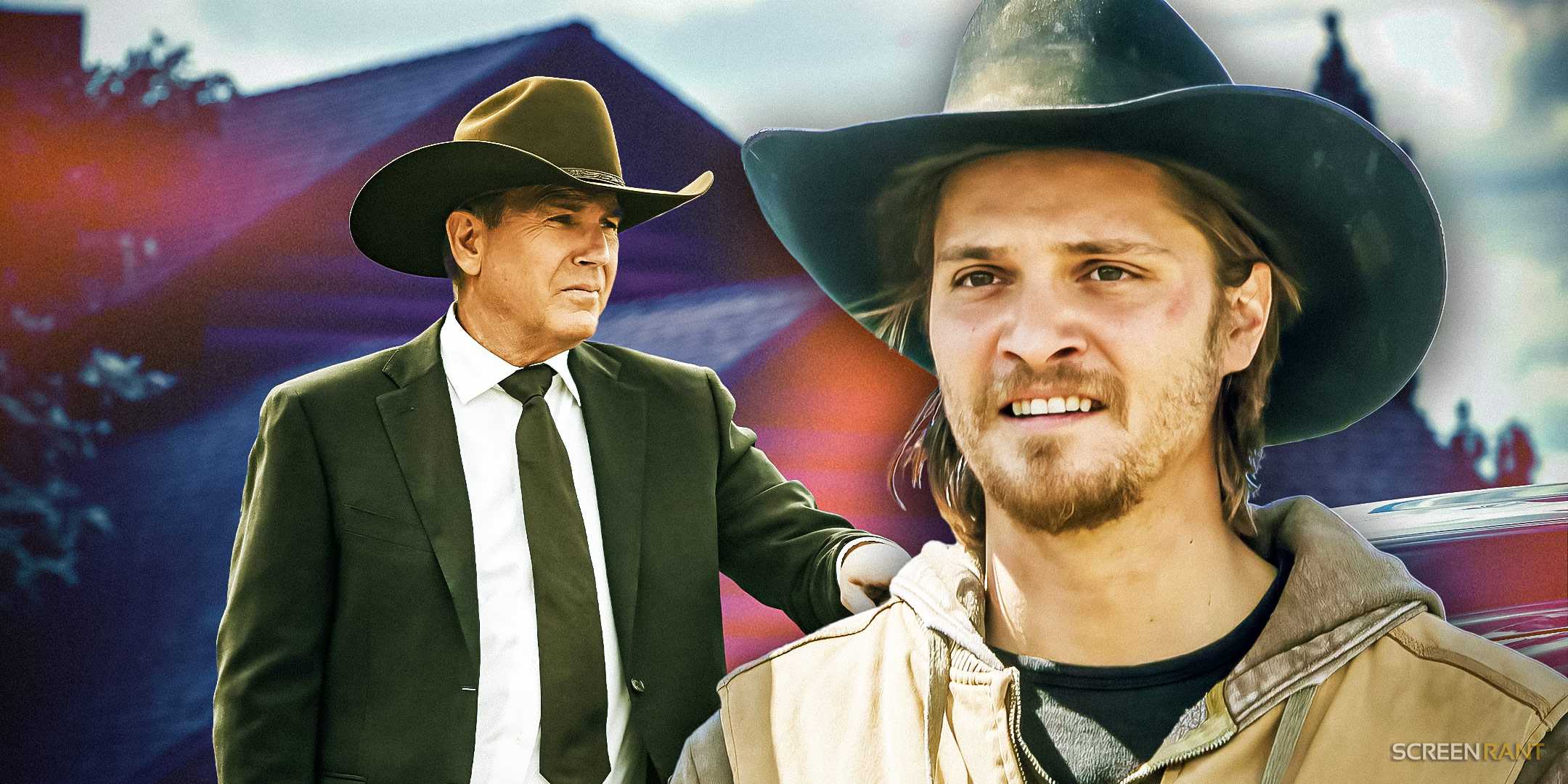 Настраированная коллаж с участием Кевина Костнера в роли Джона Даттона и Лука Граймса в роли Кайса Даттона в "Yellowstone" с водяным знаком ScreenRant