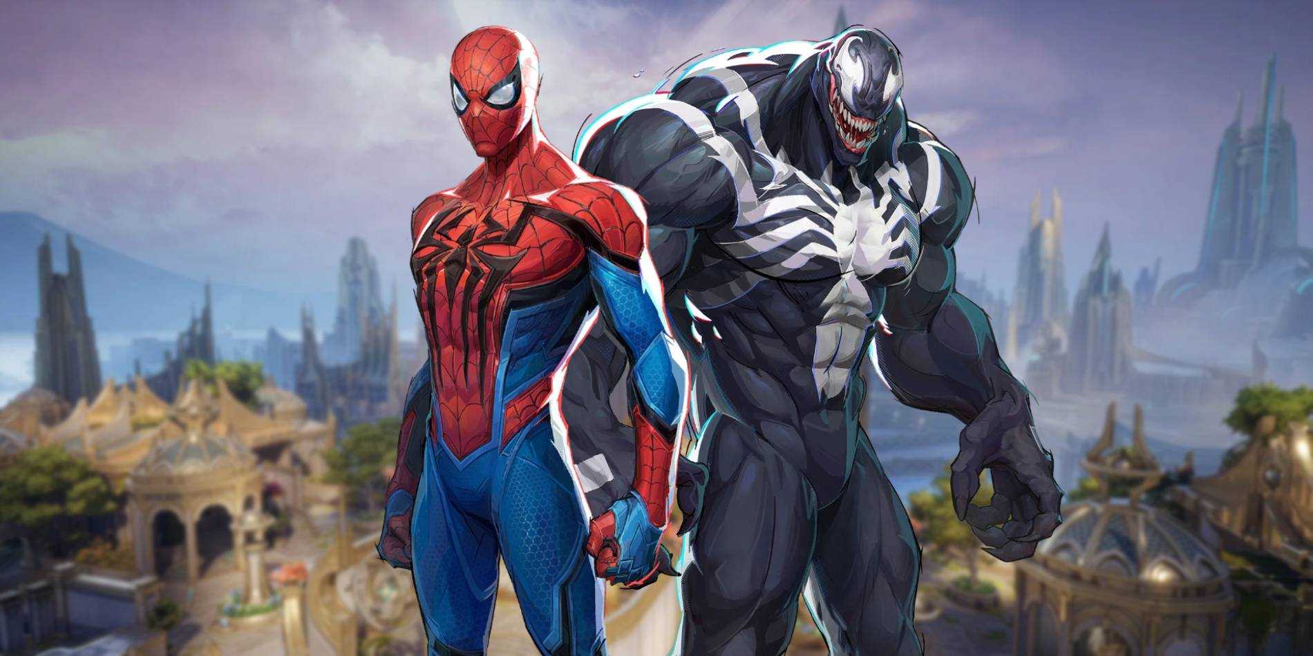 Персонажи Marvel Rivals: Venom и Человек-паук на карте Асгард