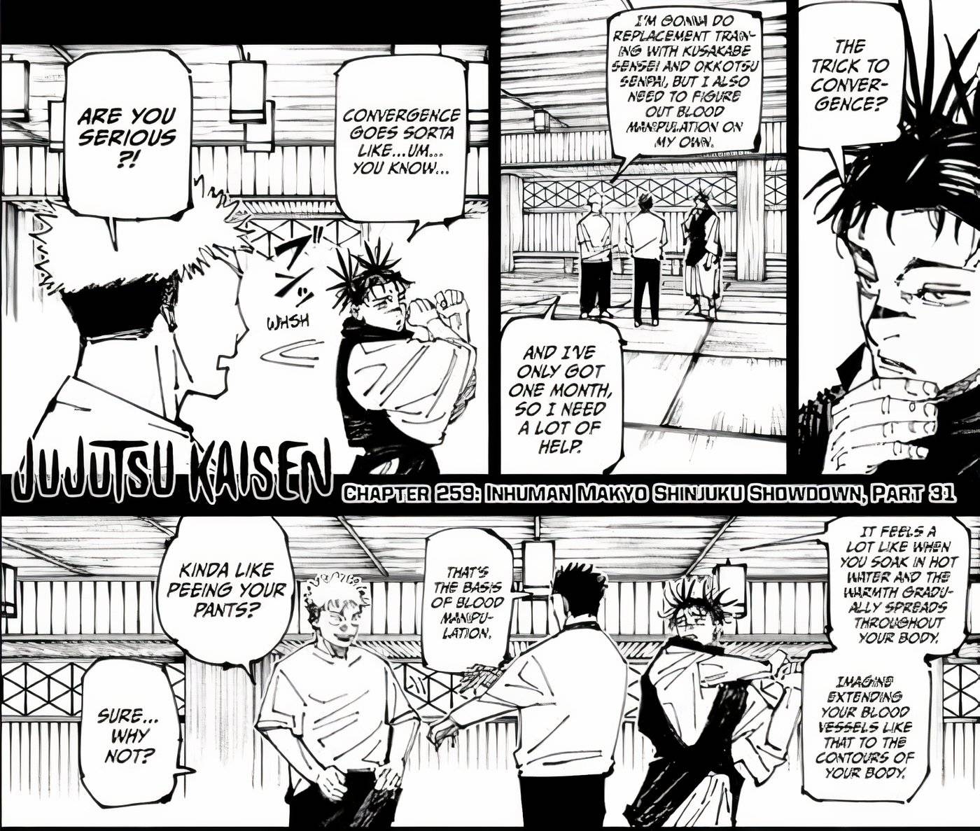 Юи объясняет, что он обменяется душами с Ютой для тренировок в Jujutsu Kaisen, а затем получает обучение манипуляции с кровью