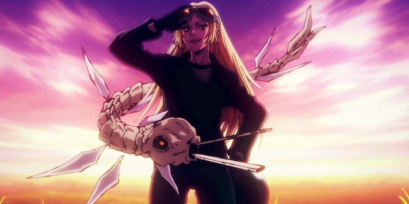 Юки из Jujutsu Kaisen, улыбающаяся на фоне сумеречного неба с Гарудой