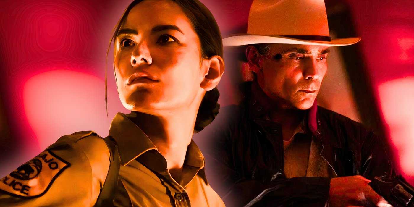 Зайн Макларнон в роли Лепхорна с оружием в руке и Джессика Мэттен в роли Бернадэт Мануелито в первом сезоне "Dark Winds"