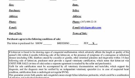 Соглашение о продаже котенка Заполняемый онлайн факс электронной почты Pdffiller
