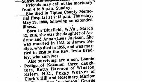 Некролог Kokomo Tribune Брэдли Элизабет Сара 13 марта 1916 29 мая 1980 64